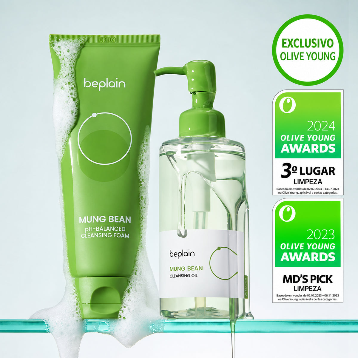 beplain - kit Mung Bean, Espuma de Limpeza Facial + Óleo de Limpeza